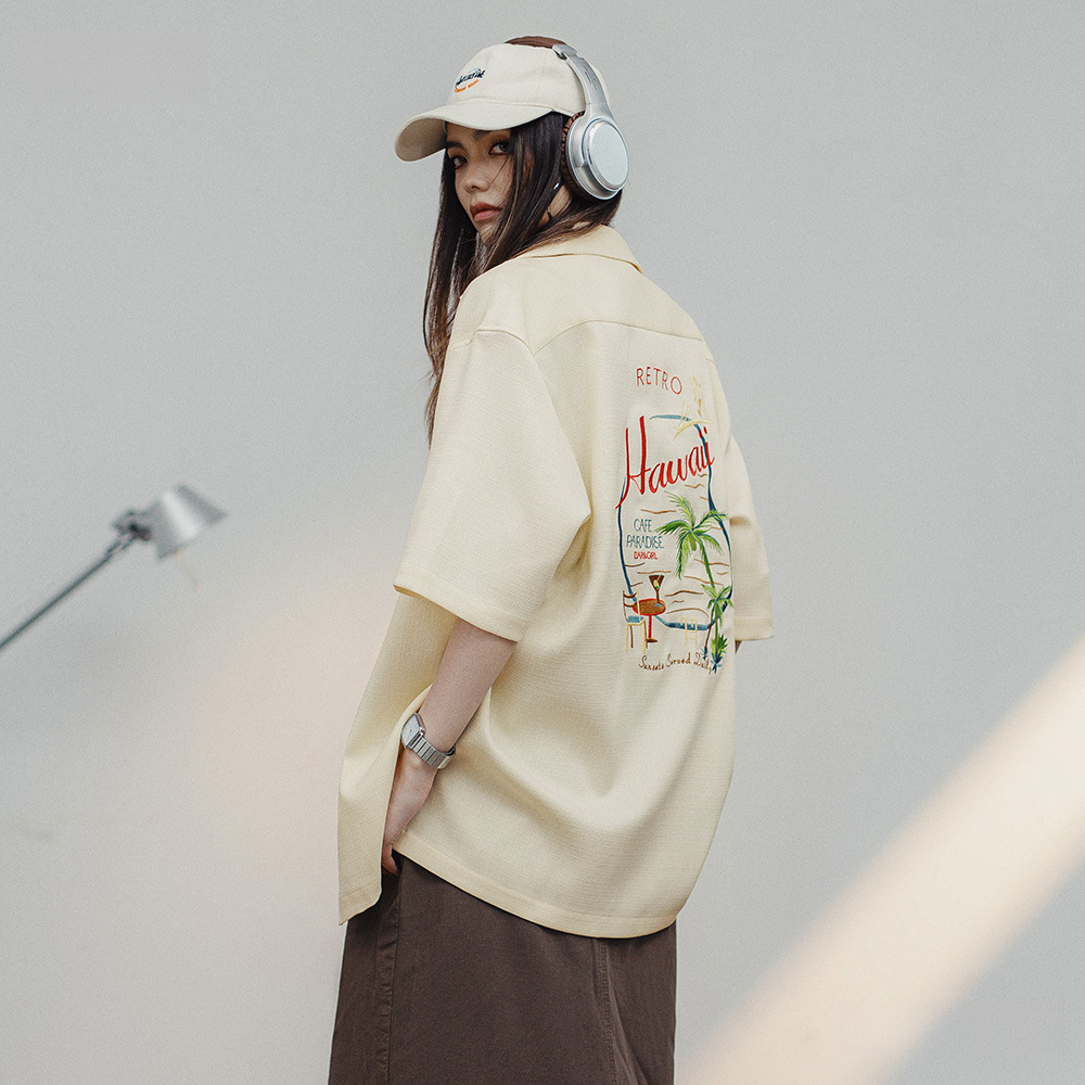 夏威夷風刺繡襯衫設計感寬鬆休閒T恤美式復古短袖襯衣夏季女