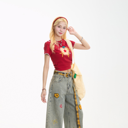 蘋果刺繡短袖T恤女美式復古甜辣修身顯瘦正肩百搭紅色上衣