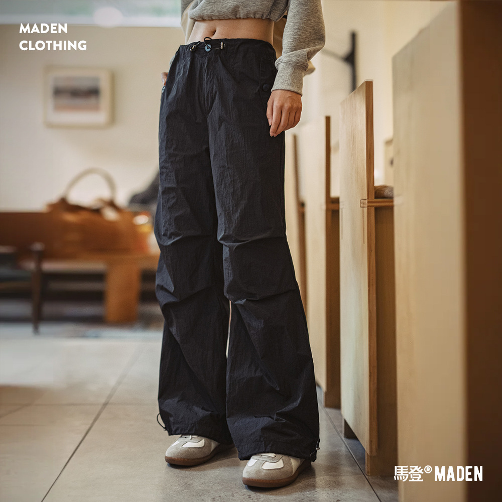 美式褶皺高街工裝vibe風傘兵褲闊腿抽繩束脚舞蹈長褲春夏女