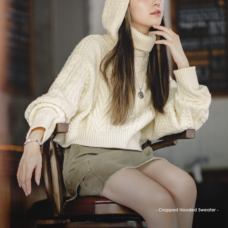 馬登女裝 美式復古連帽高領毛衣秋冬外穿短款堆堆帽針織衫設計感