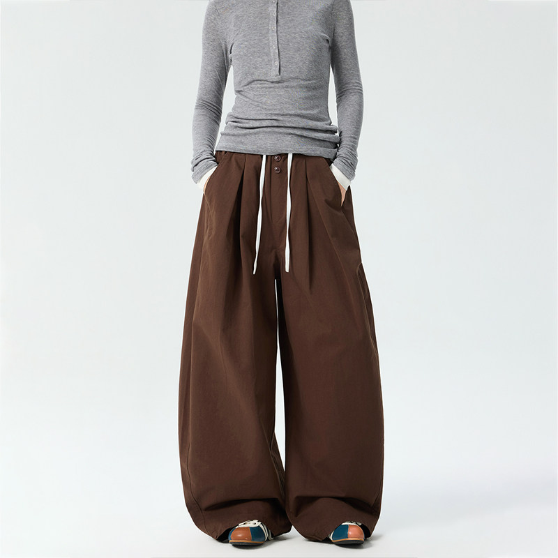 美式復古棕色工裝褲女新款寬鬆直筒闊腿褲百搭休閒長褲