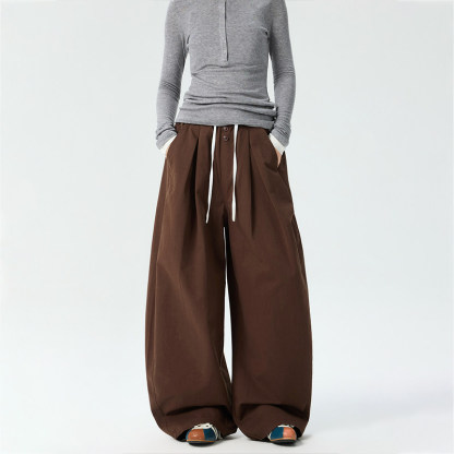 美式復古棕色工裝褲女新款寬鬆直筒闊腿褲百搭休閒長褲