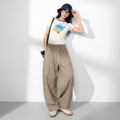 復古輕薄萊賽爾天絲撞色圓領正肩修身印花短袖T恤上衣女士夏