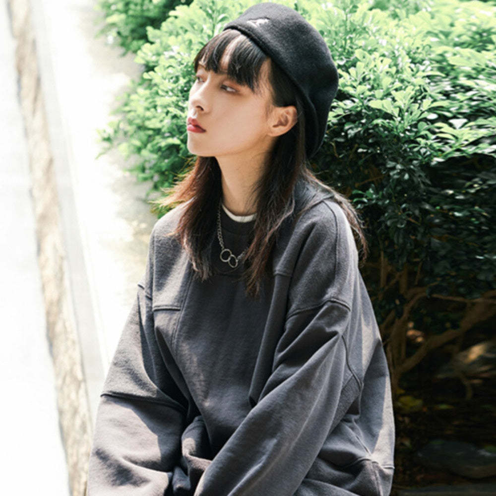 早秋小個子街頭毛圈拼接寬鬆衛衣女套頭圓領休閒上衣