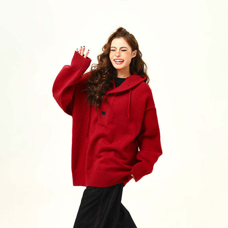 秋冬新品復古高級感灰色連帽毛衣女寬鬆慵懶風針織衫外套