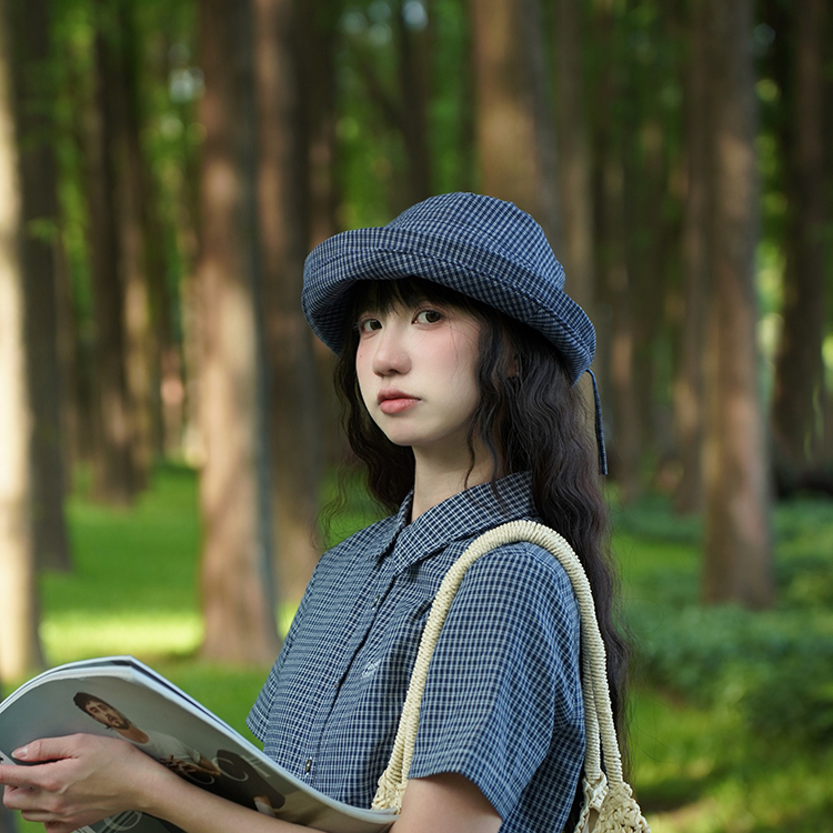 日系格子漁夫帽子女夏季戶外露營登山蝴蝶結防曬防紫外線遮陽帽