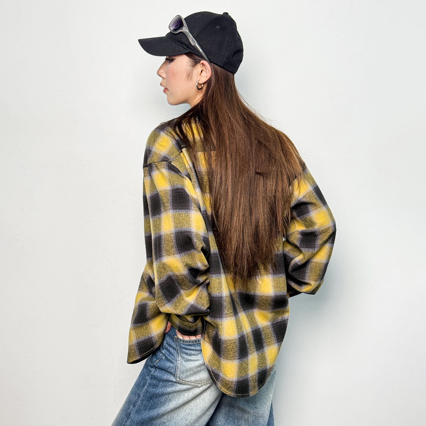 復古寬鬆翻領純棉磨毛格子紋長袖襯衫薄款夾克外套上衣女士春