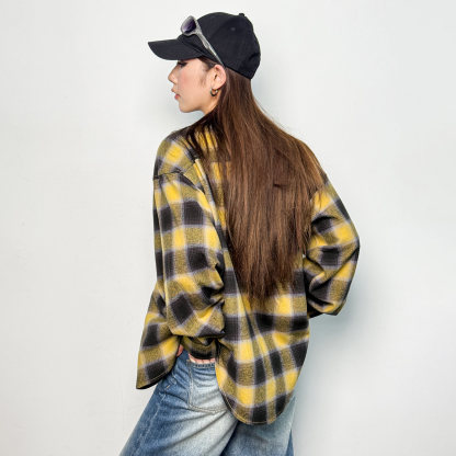 復古寬鬆翻領純棉磨毛格子紋長袖襯衫薄款夾克外套上衣女士春