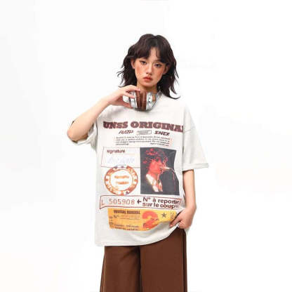 夏季新款美式復古海報印花短袖T恤女百搭上衣
