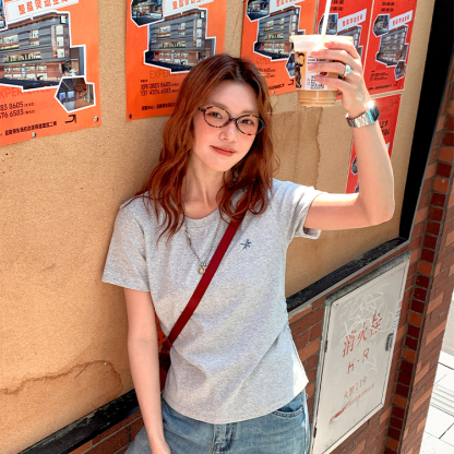 蜻蜓刺繡短袖t恤女新款純棉正肩收腰短款顯瘦甜辣小個子上衣