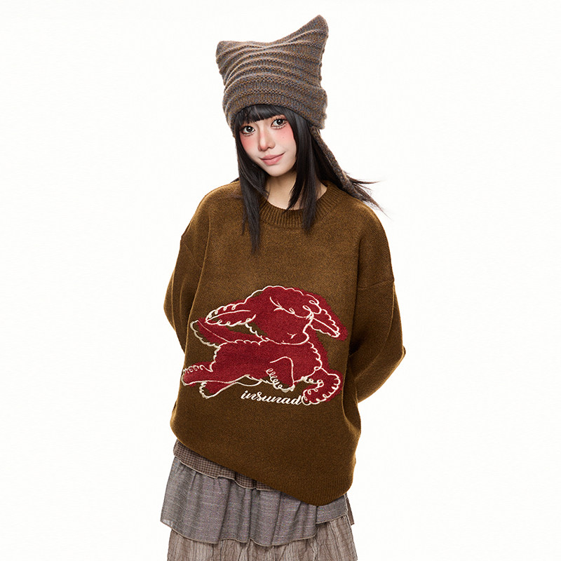 卡通可愛小羊刺繡紅色針織衫女寬鬆百搭套頭毛衣外套