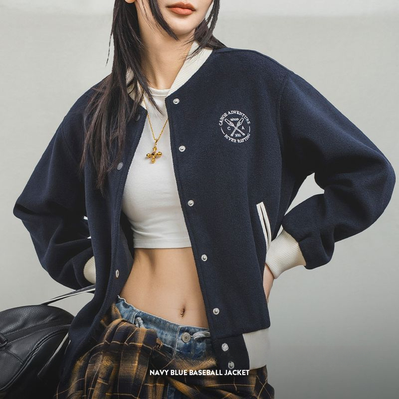 馬登女裝 美式學院風棒球服夾克復古撞色刺繡外套百搭毛呢短上衣春秋女