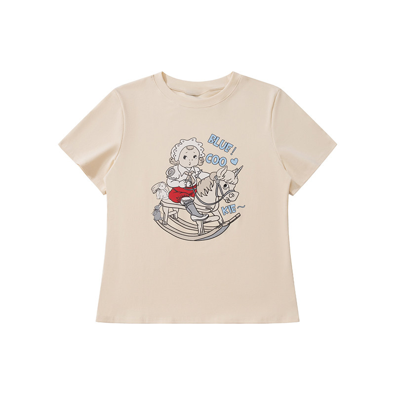 夏季新款復古通勤卡通創意印花正肩T恤女微寬鬆顯瘦短袖