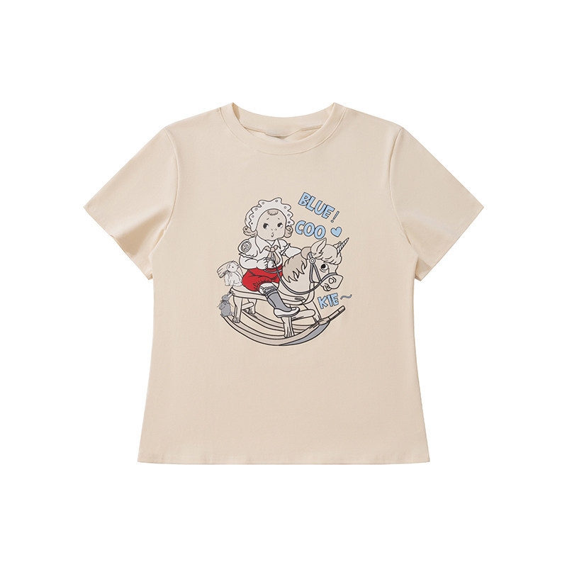 夏季新款復古通勤卡通創意印花正肩T恤女微寬鬆顯瘦短袖