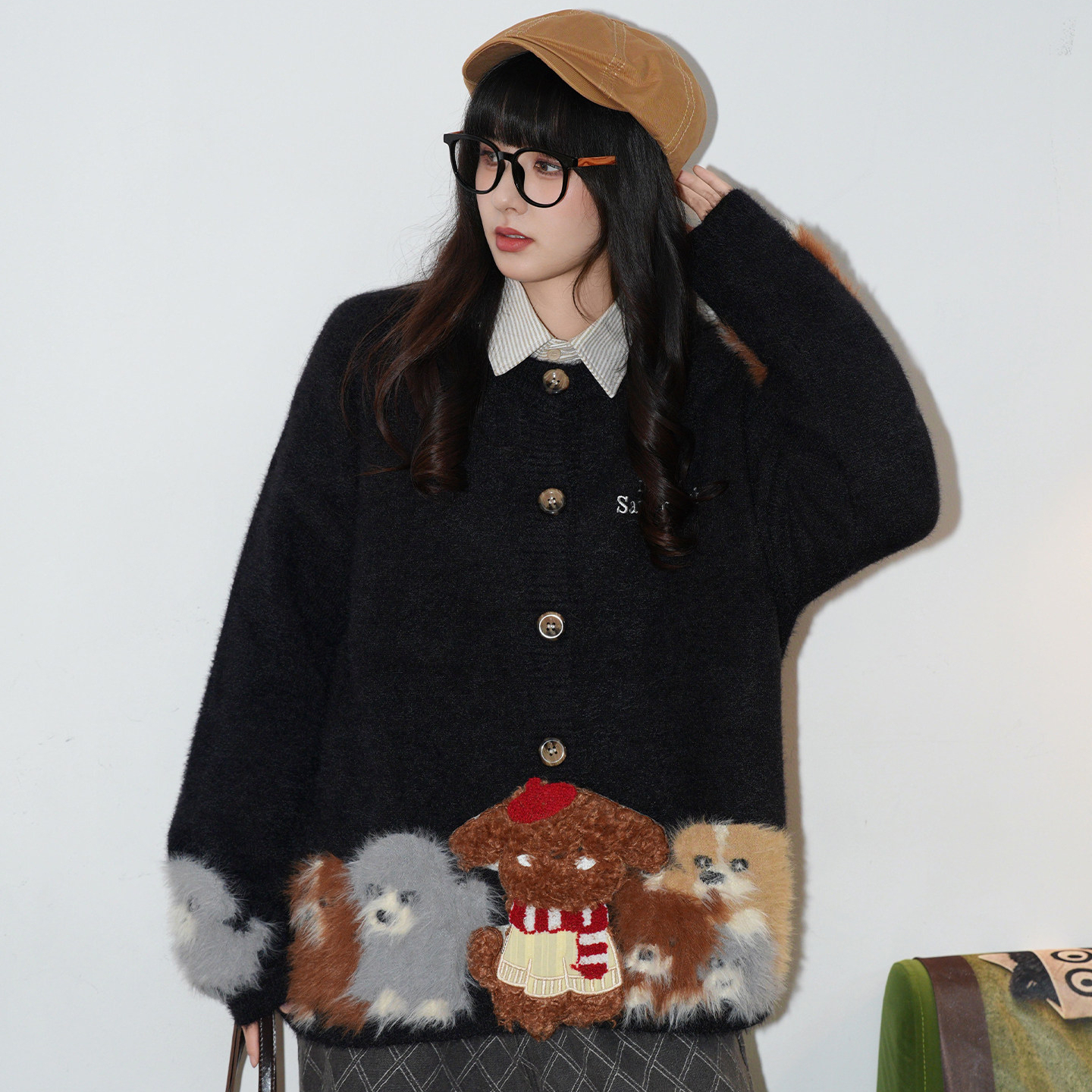 美式復古立體小狗刺繡針織毛衣女慵懶風寬鬆開衫外套