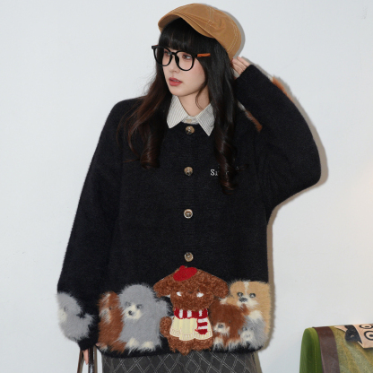 美式復古立體小狗刺繡針織毛衣女慵懶風寬鬆開衫外套