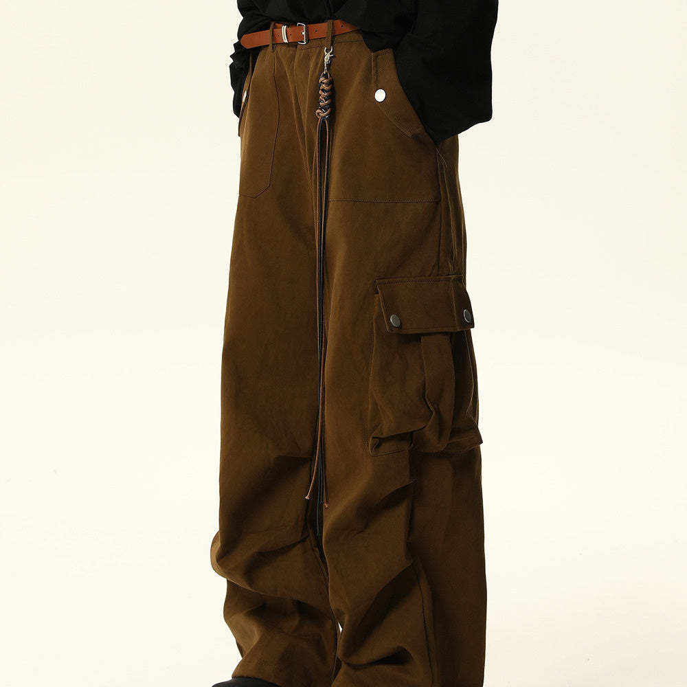 美式復古美拉德深棕色工裝褲女褶皺設計寬鬆拖地休閒褲