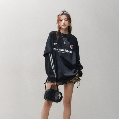 假兩件長袖t恤女早秋美式慵懶chic上衣寬鬆純棉球衣T恤