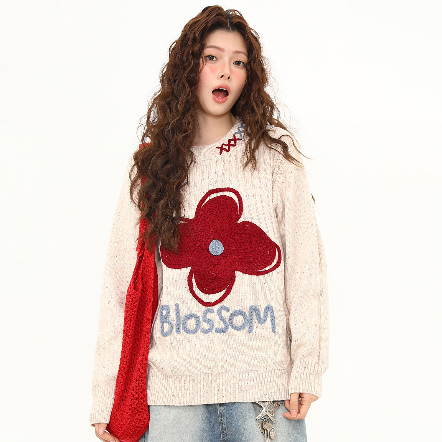 秋冬新款美式復古花朵刺繡設計感針織衫毛衣女慵懶風上衣