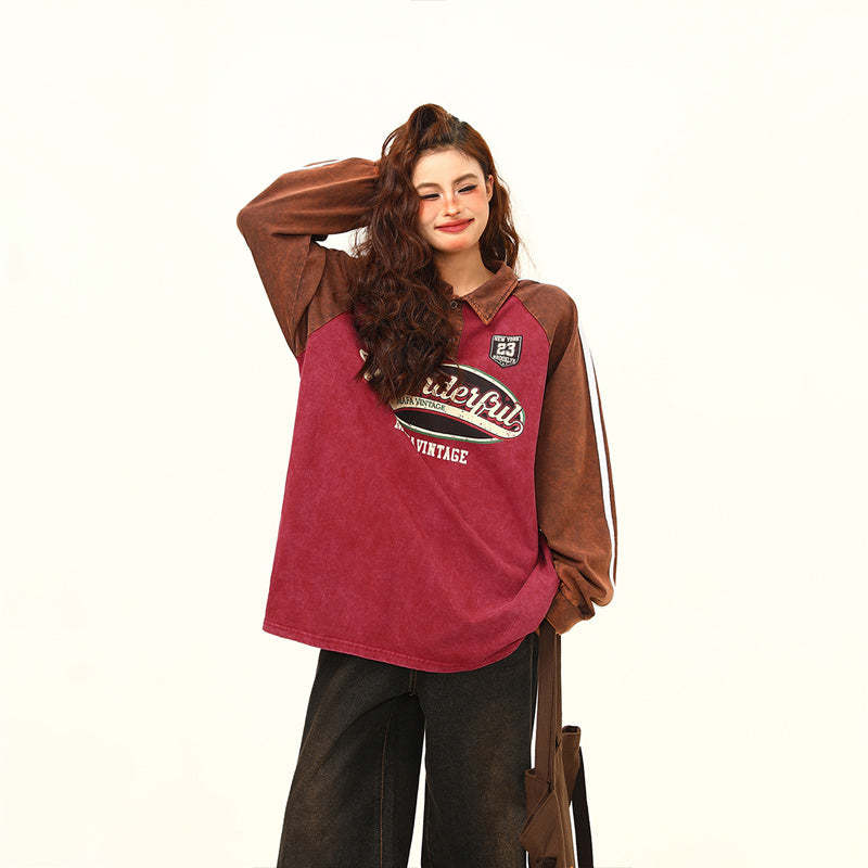 美式衛衣復古街頭學院風Polo領長袖女寬鬆百搭上衣