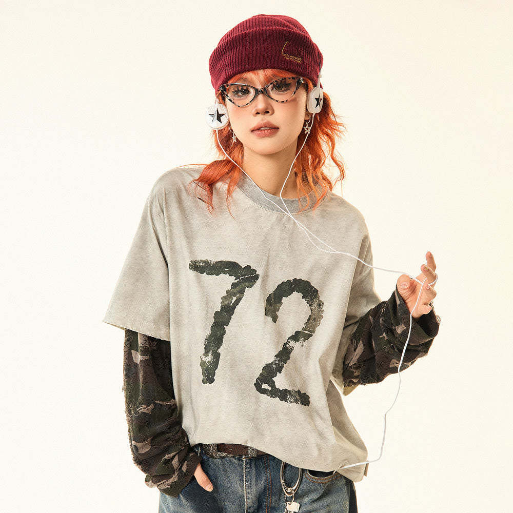 美式復古做舊迷彩假兩件長袖T恤女vintage設計感早秋上衣