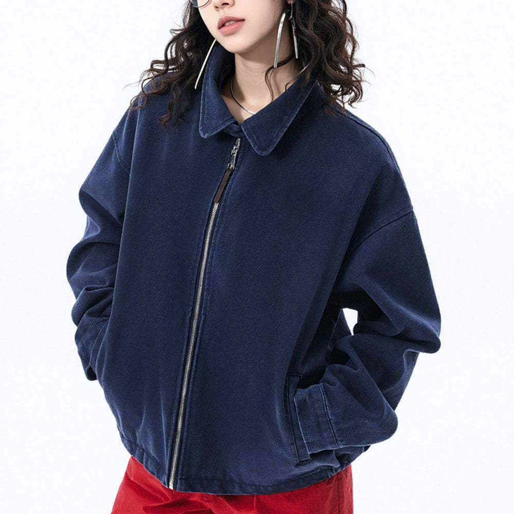 復古水洗做舊外套女春季2025新款美式純色夾克寬鬆街頭潮牌上衣