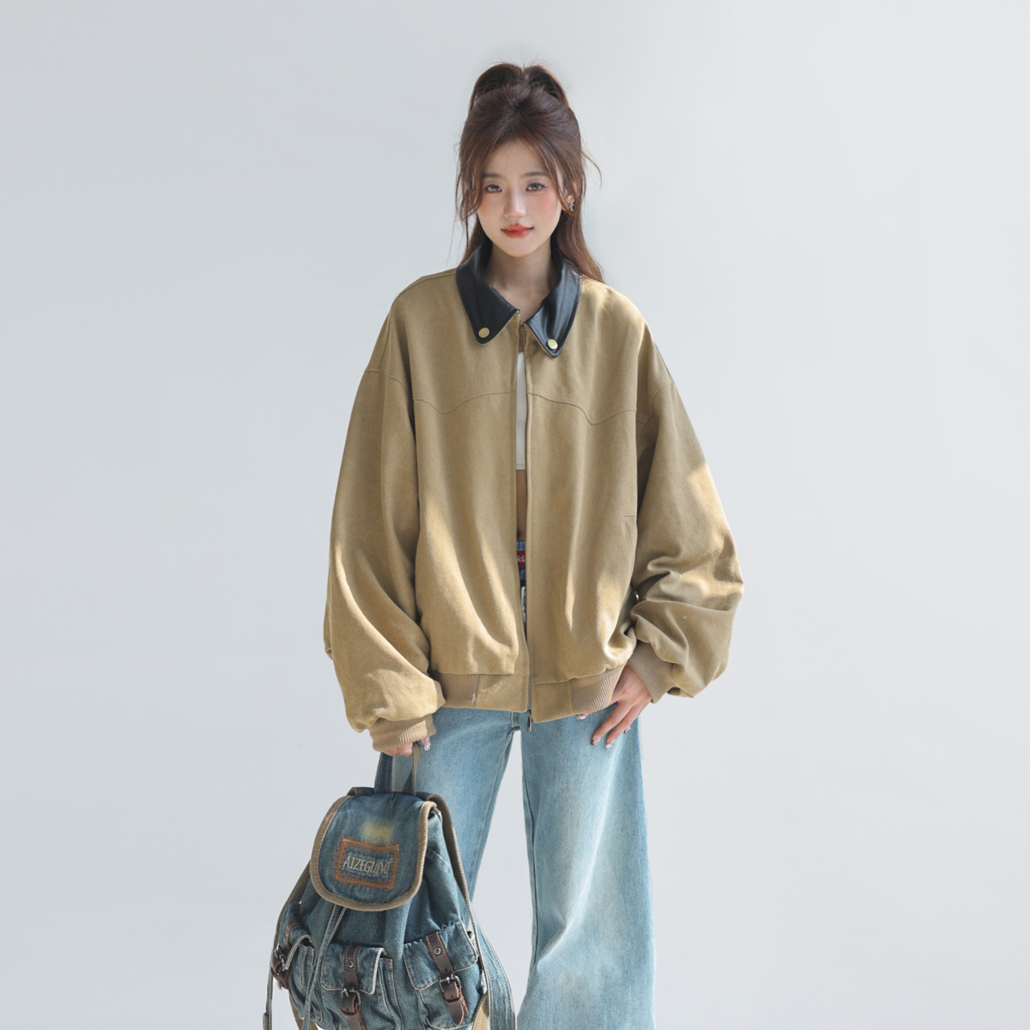 巴恩風外套女短款小個子美式復古pu拼皮工裝翻領夾克