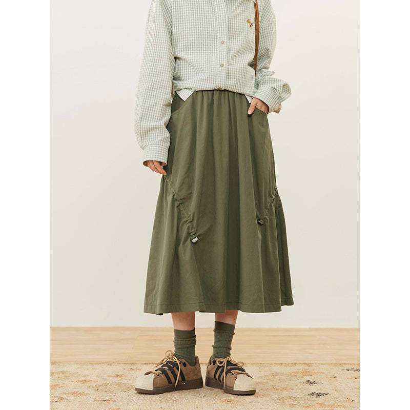 夏季新款設計感錯位抽繩半身裙復古顯瘦A字裙