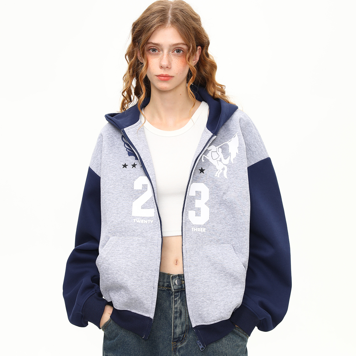 美式復古重磅開衫連帽衛衣女高克重印花潮牌拉鍊外套