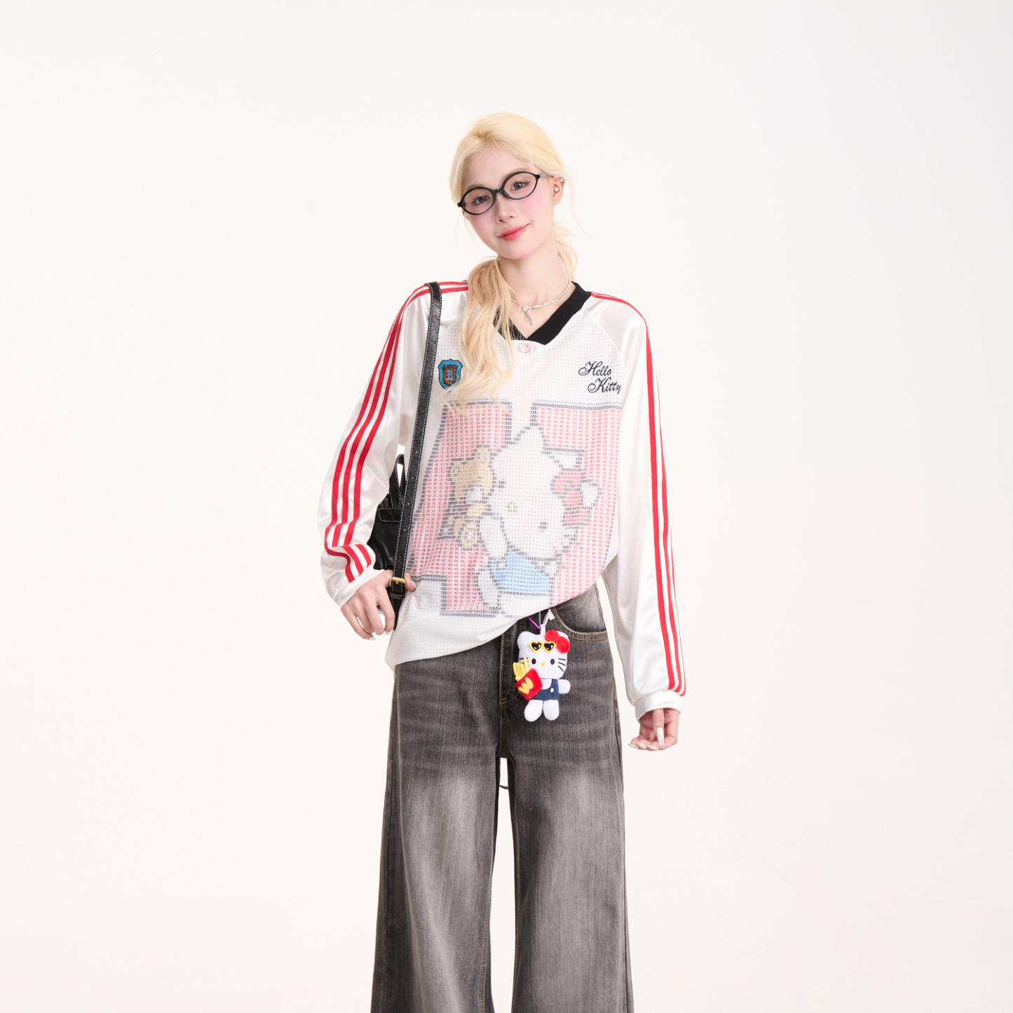 復古條紋Kitty猫印花長袖T恤女美式運動風寬鬆網眼上衣