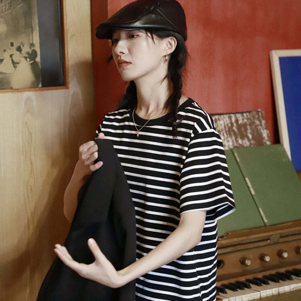 黑白經典條紋女短袖春夏寬鬆慵懶圓領純棉t恤上衣