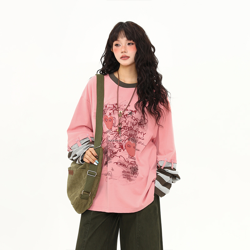 美式復古設計感拼接袖子假兩件長袖T恤女秋冬百搭打底衫