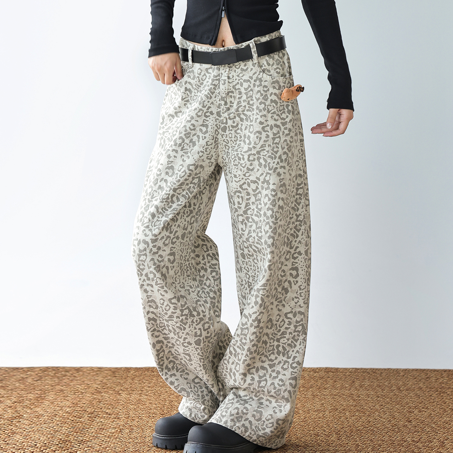 美式復古豹紋牛仔褲女小個子梨型身材褲子直筒寬鬆闊腿褲