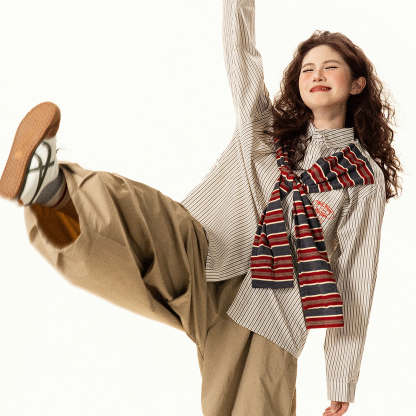 復古設計感披肩條紋長袖襯衫女秋季新款小眾寬鬆百搭襯衣