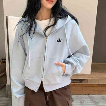 復古麂皮衛衣女新款休閒韓版短款繡花拉鍊開衫外套通勤