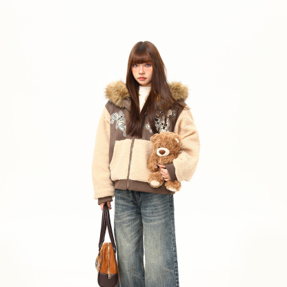 美式復古羊羔絨拼接毛領兔耳朵棉服外套女冬季加厚棉襖