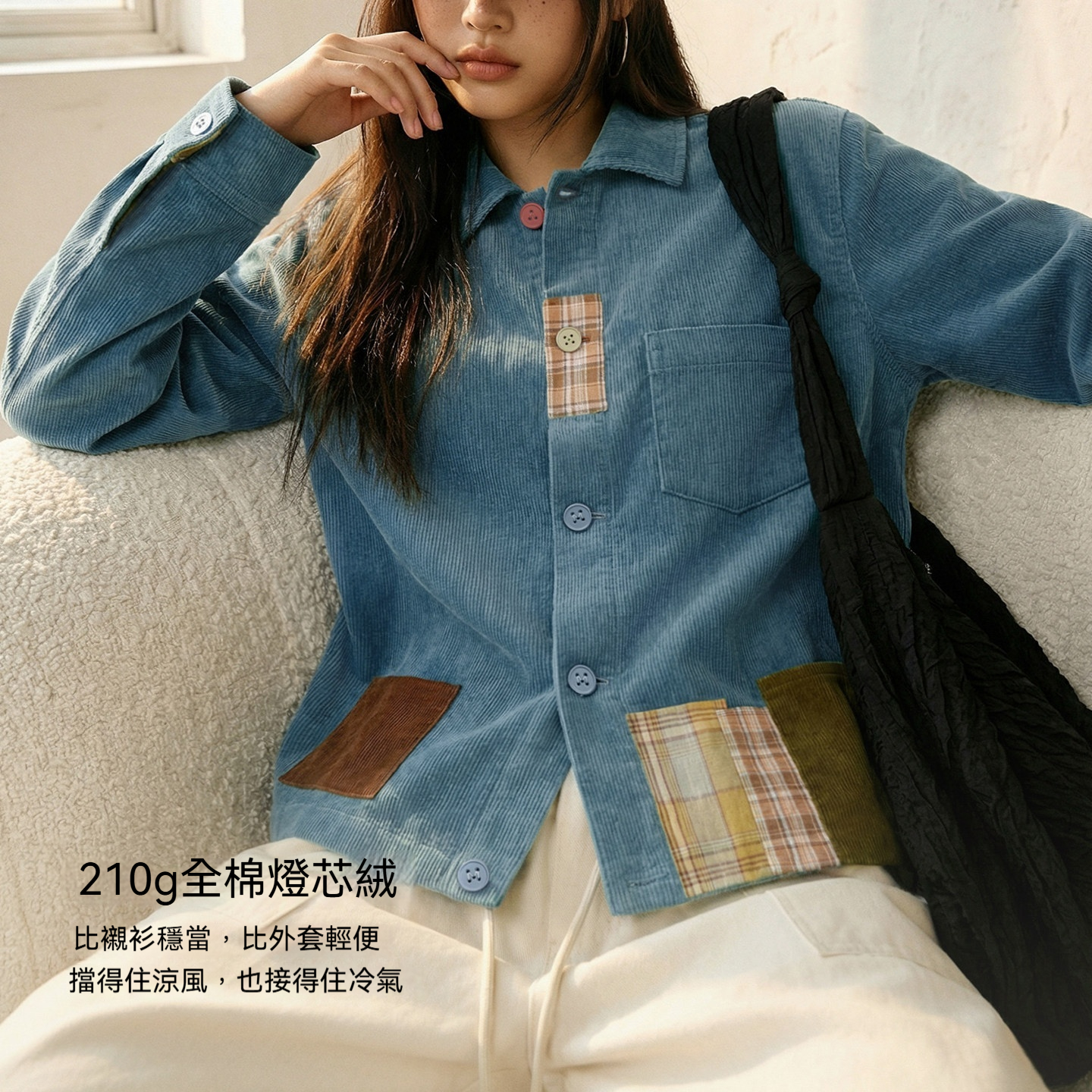 復古藍撞色拼接襯衫夾克全純棉燈芯絨翻領薄外套上襯衣女士春