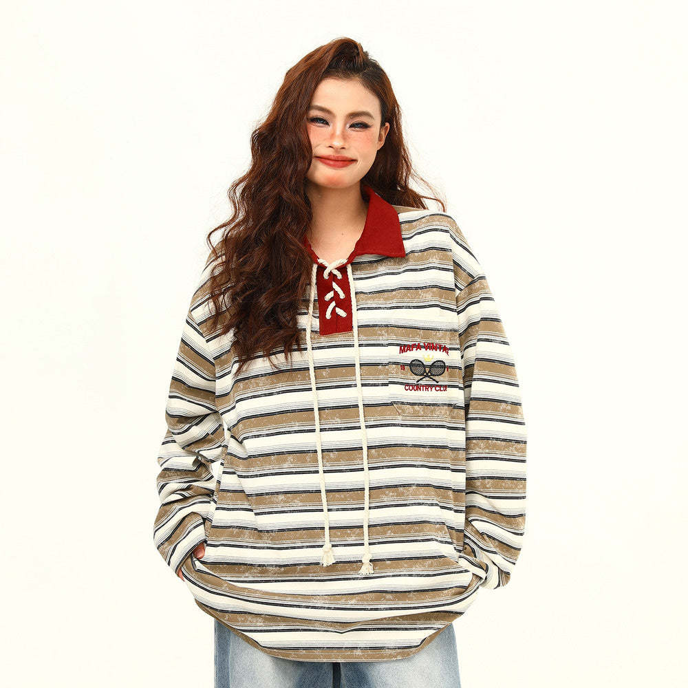 秋季新款美式復古條紋長袖T恤女撞色氛圍感休閒上衣