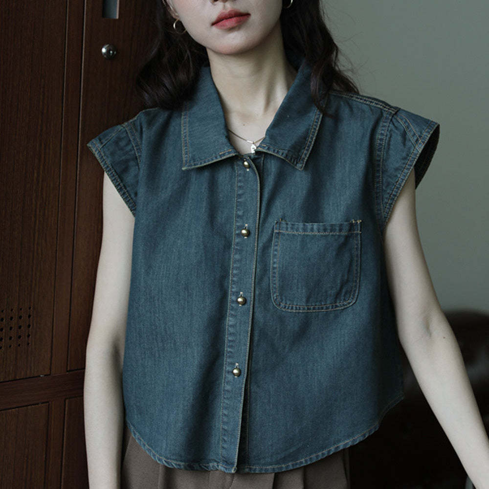 牛仔深藍色百搭簡約氣質復古設計感無袖襯衫女夏季新款時尚上衣