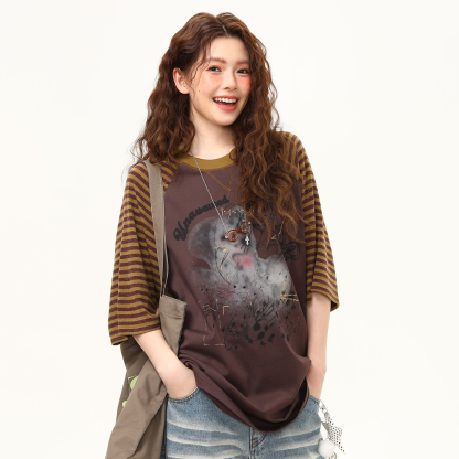 美式復古塗鴉小狗印花設計感短袖T恤女寬鬆插肩袖tee