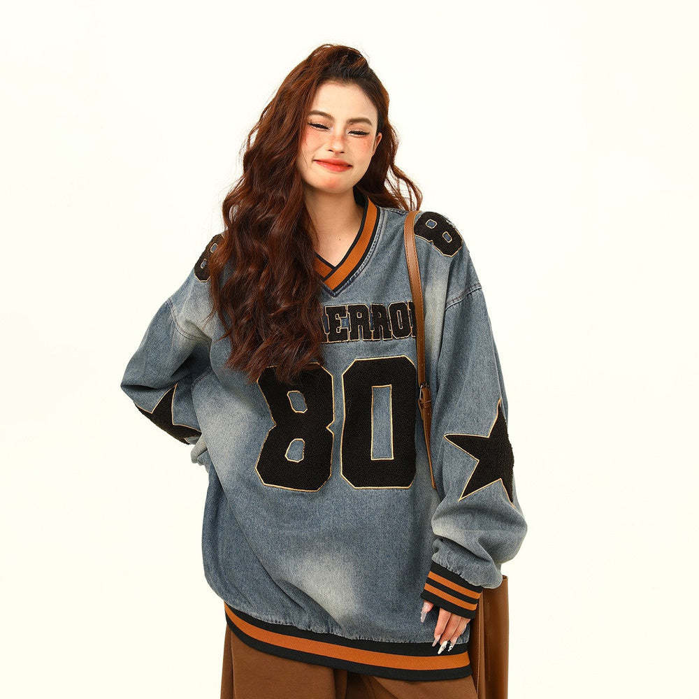 美式復古水洗重磅牛仔衛衣女秋季新款潮牌高級感上衣