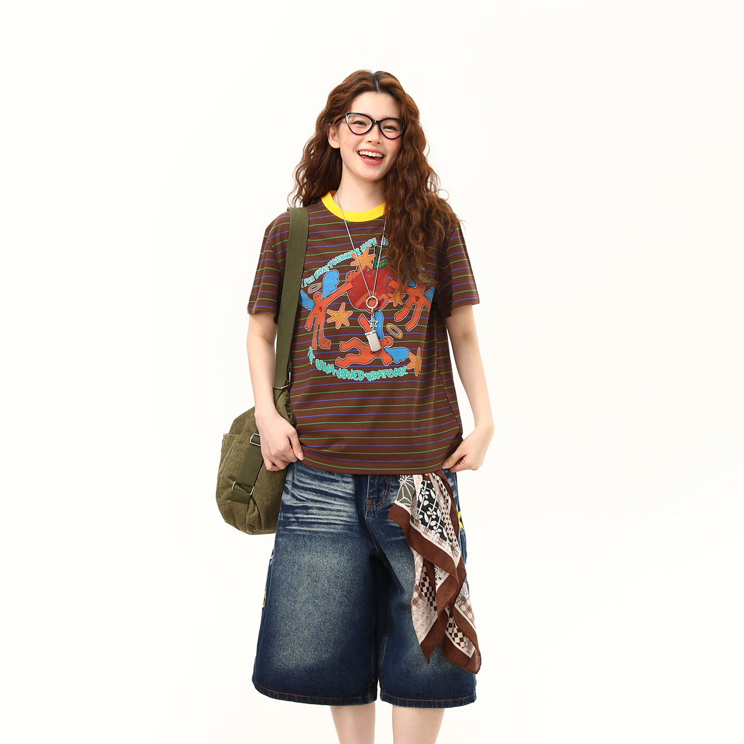 美式復古塗鴉印花短袖T恤女夏季短寬boxy條紋上衣