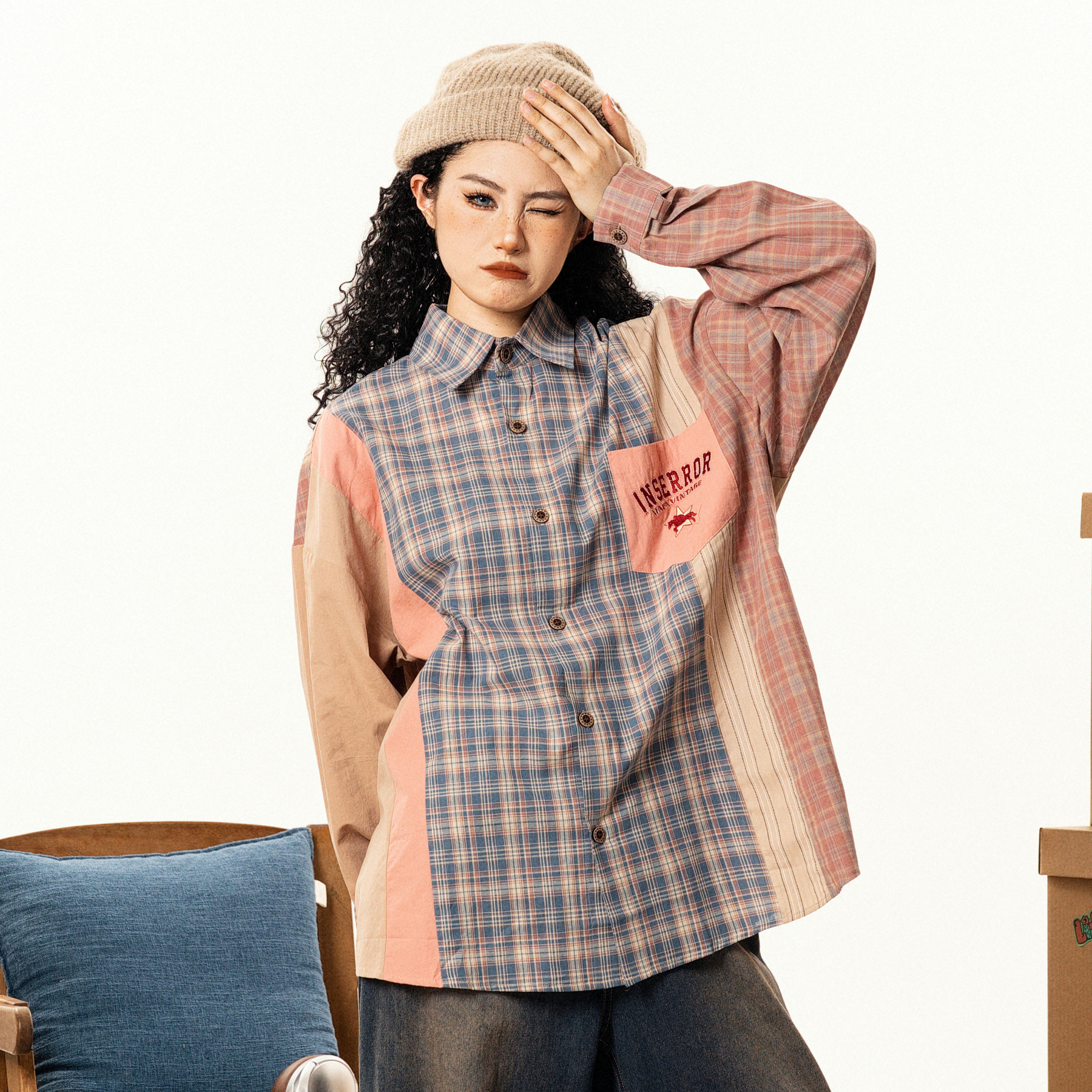 美式復古撞色格子長袖襯衫男女寬鬆小眾設計感古著襯衣