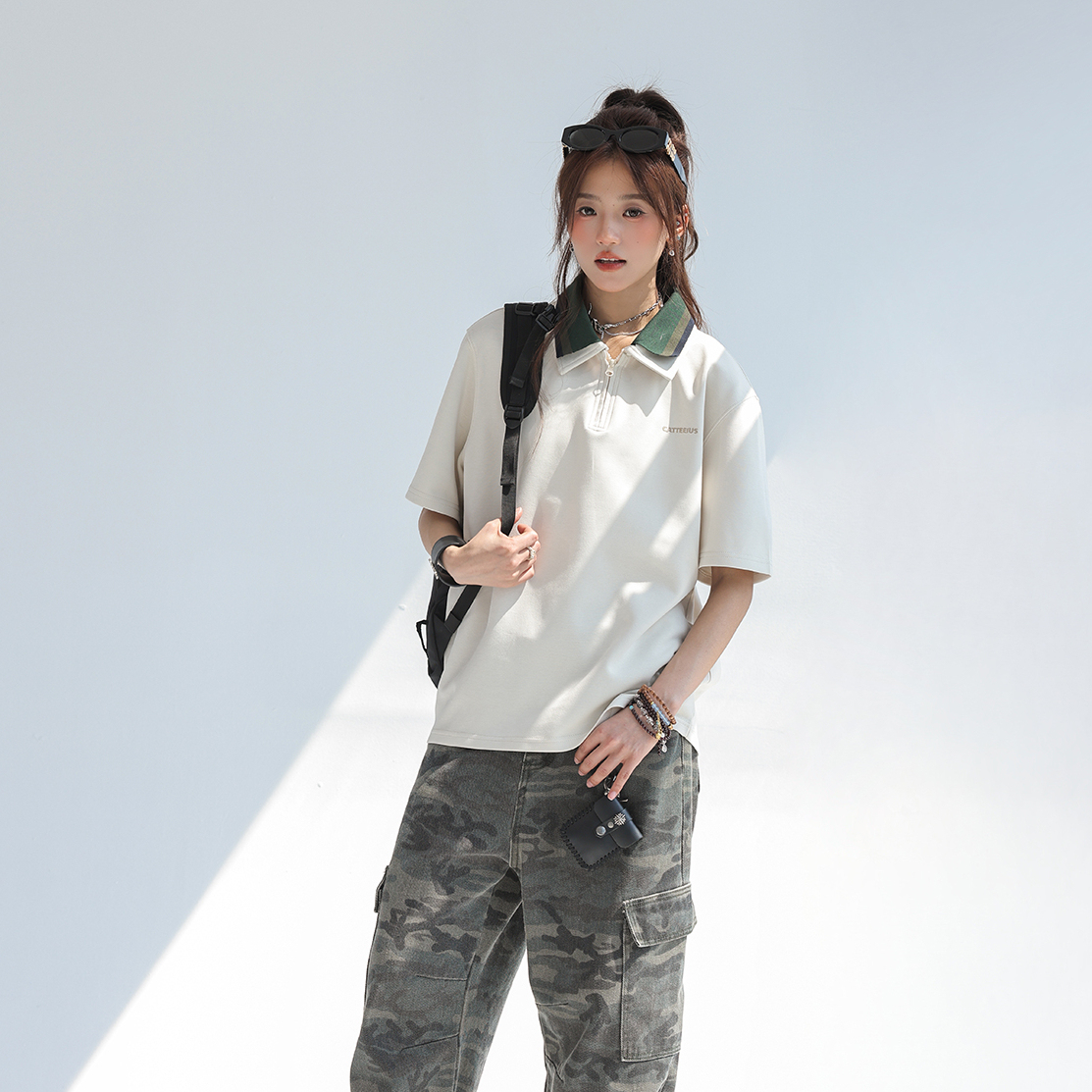 美式復古撞色拼接polo衫短袖t恤女2025新款寬鬆上衣