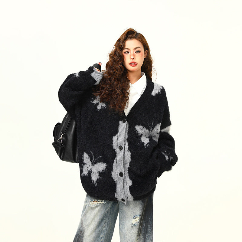 美式復古設計感蝴蝶針織開衫毛衣女秋冬慵懶寬鬆外套