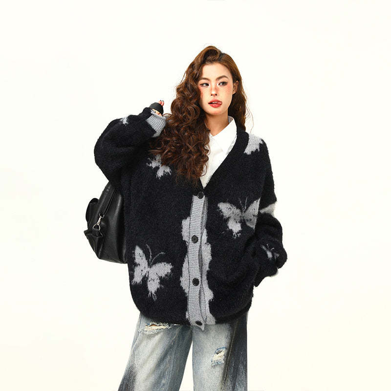 美式復古設計感蝴蝶針織開衫毛衣女秋冬慵懶寬鬆外套