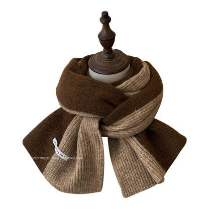 含羊毛拼色圍巾女冬季復古深灰色保暖加厚針織毛線高級感圍脖