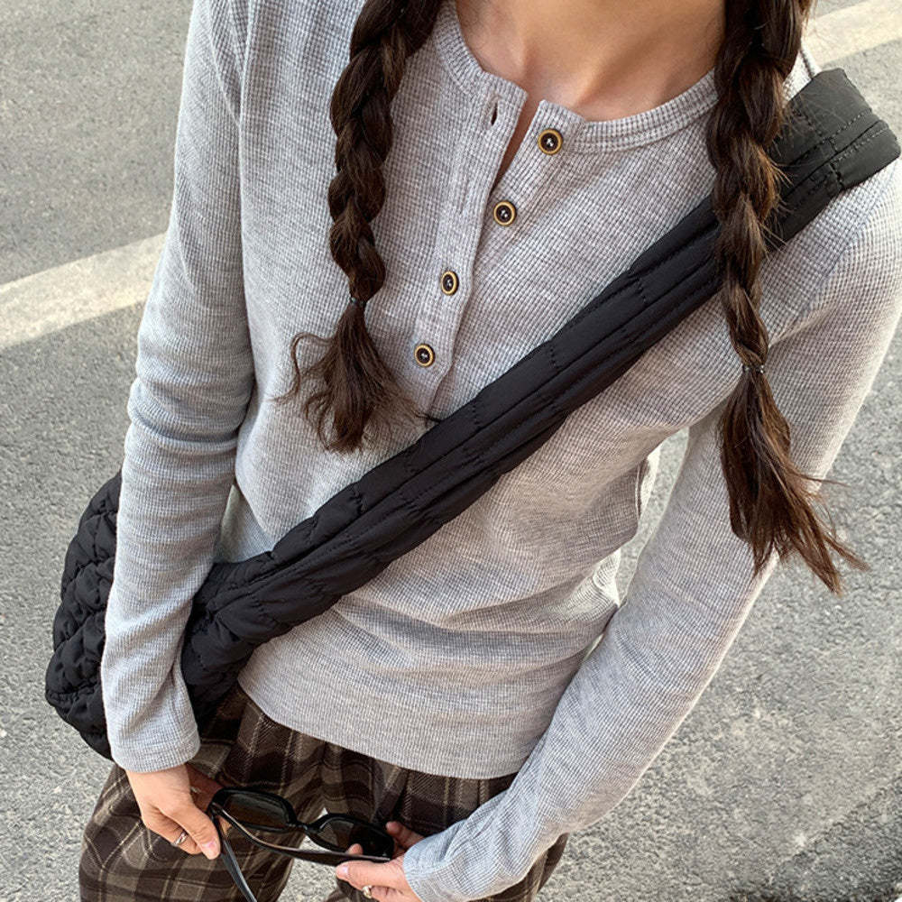 基礎款百搭春華夫格長袖打底衫女正肩小個子純棉上衣