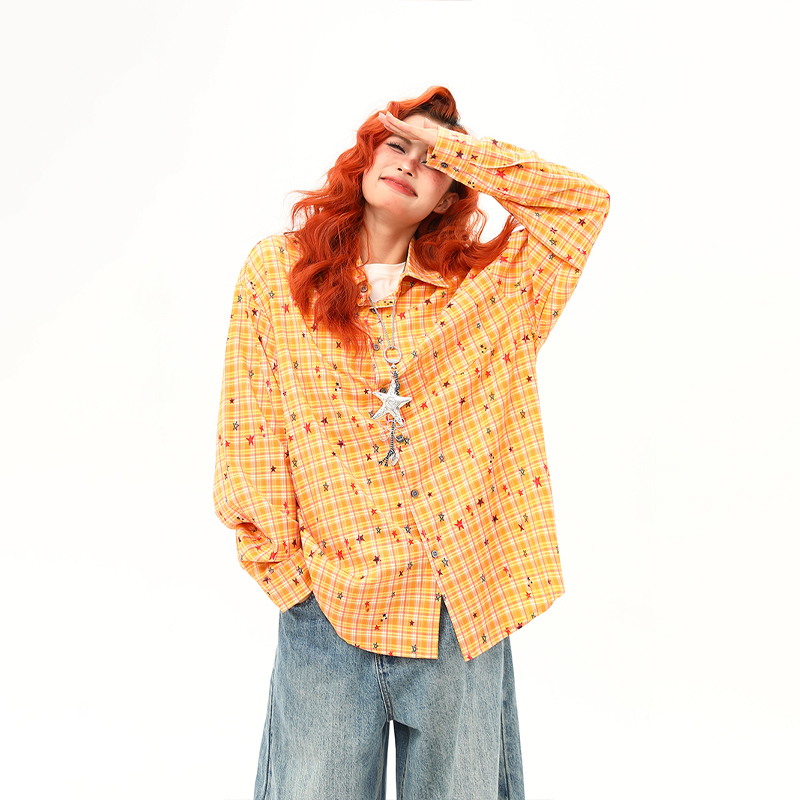 秋季新款滿印星星復古長袖襯衫女設計感黃色格紋襯衣
