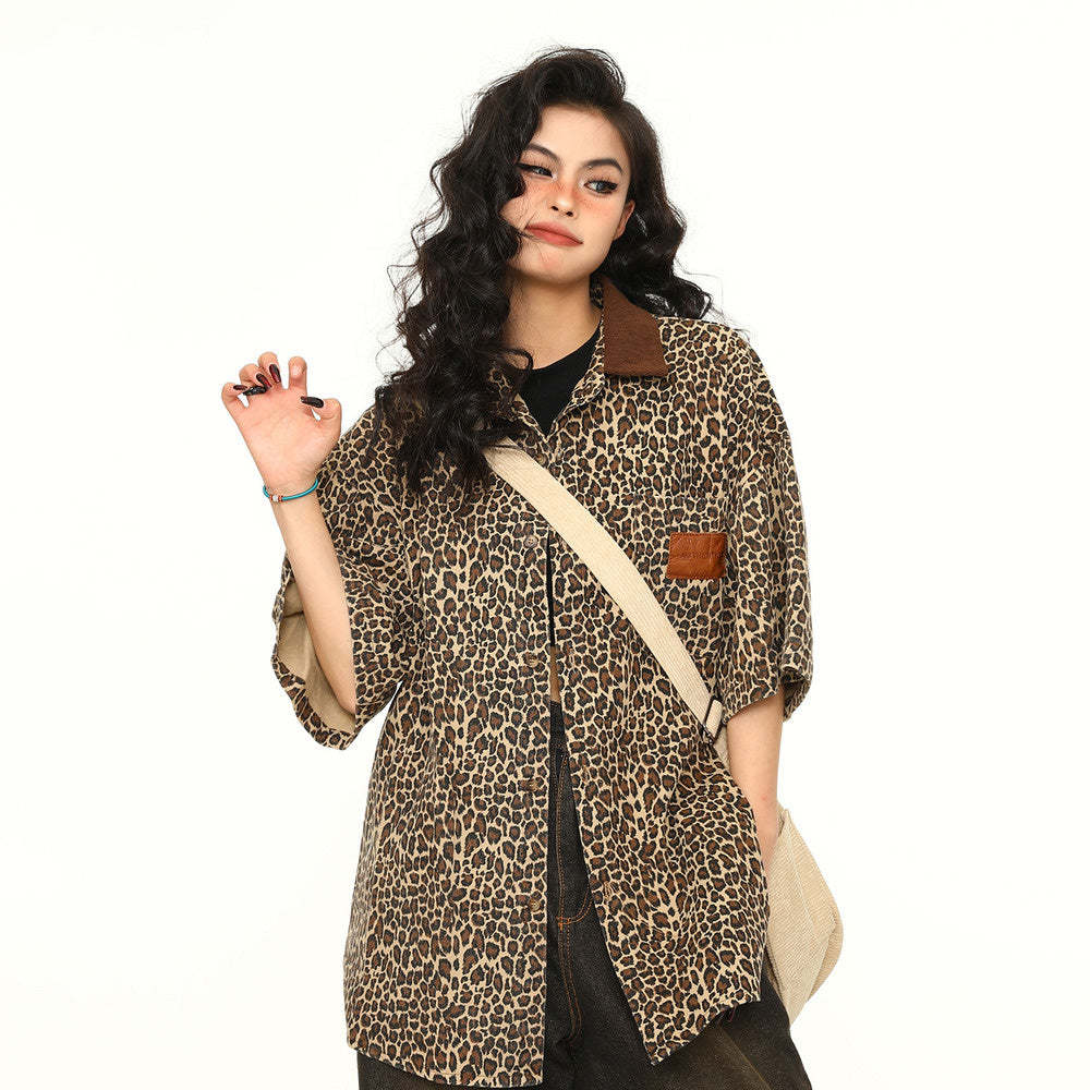 美式豹紋Polo領牛仔短袖女潮牌炸街外套